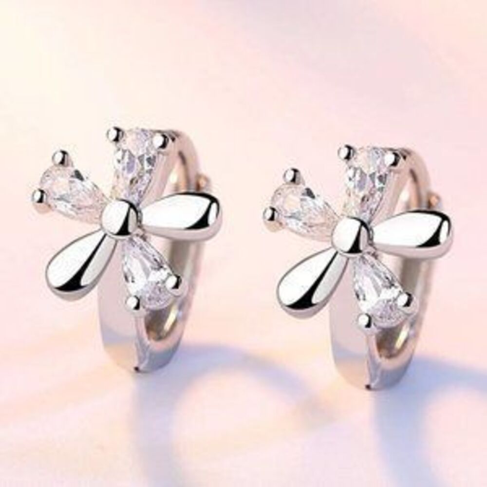 925 Sterling Silver Diamond Flower Hoop Earrings 8